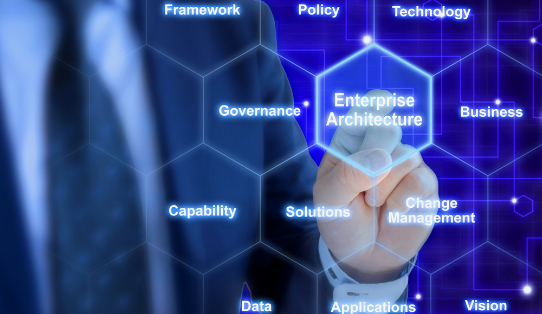Enterprise architect pressing a tile in a hexagon grid